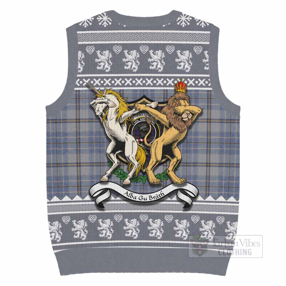 Tweedie Clan Tartan Crest Christmas Knitted V-Neck Vest Coat of Arms Funny Style - Tartan Vibes Clothing