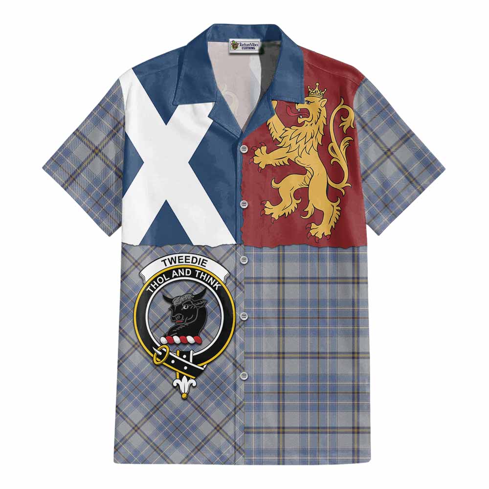 Tweedie Crest Tartan Cotton Hawaiian Shirt with Lion Rampant Saltire Style - Tartan Vibes Clothing