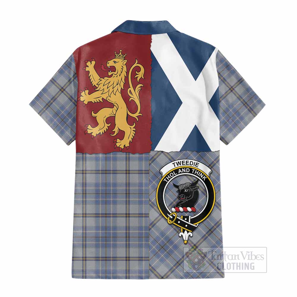 Tweedie Crest Tartan Cotton Hawaiian Shirt with Lion Rampant Saltire Style - Tartan Vibes Clothing