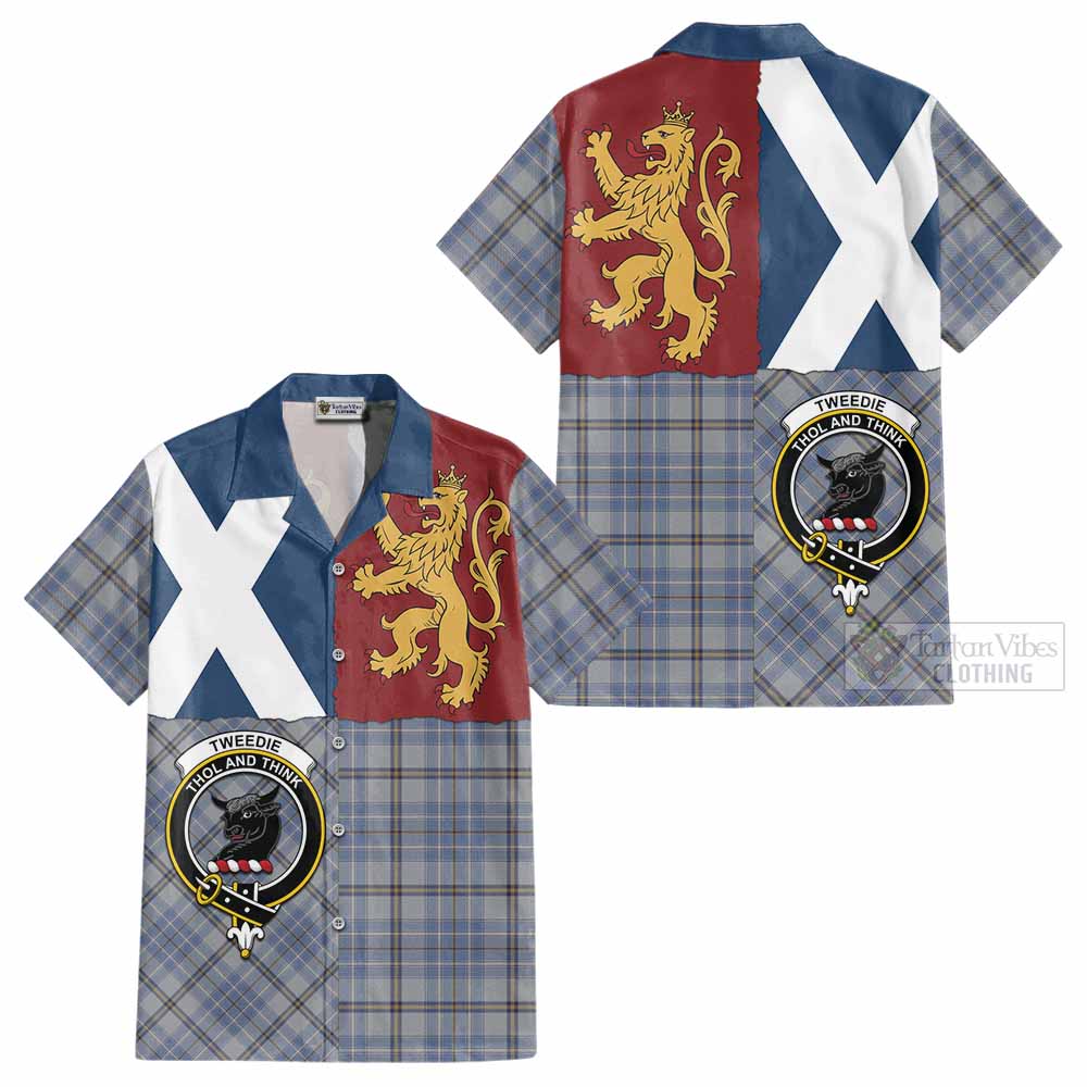 Tweedie Crest Tartan Cotton Hawaiian Shirt with Lion Rampant Saltire Style - Tartan Vibes Clothing