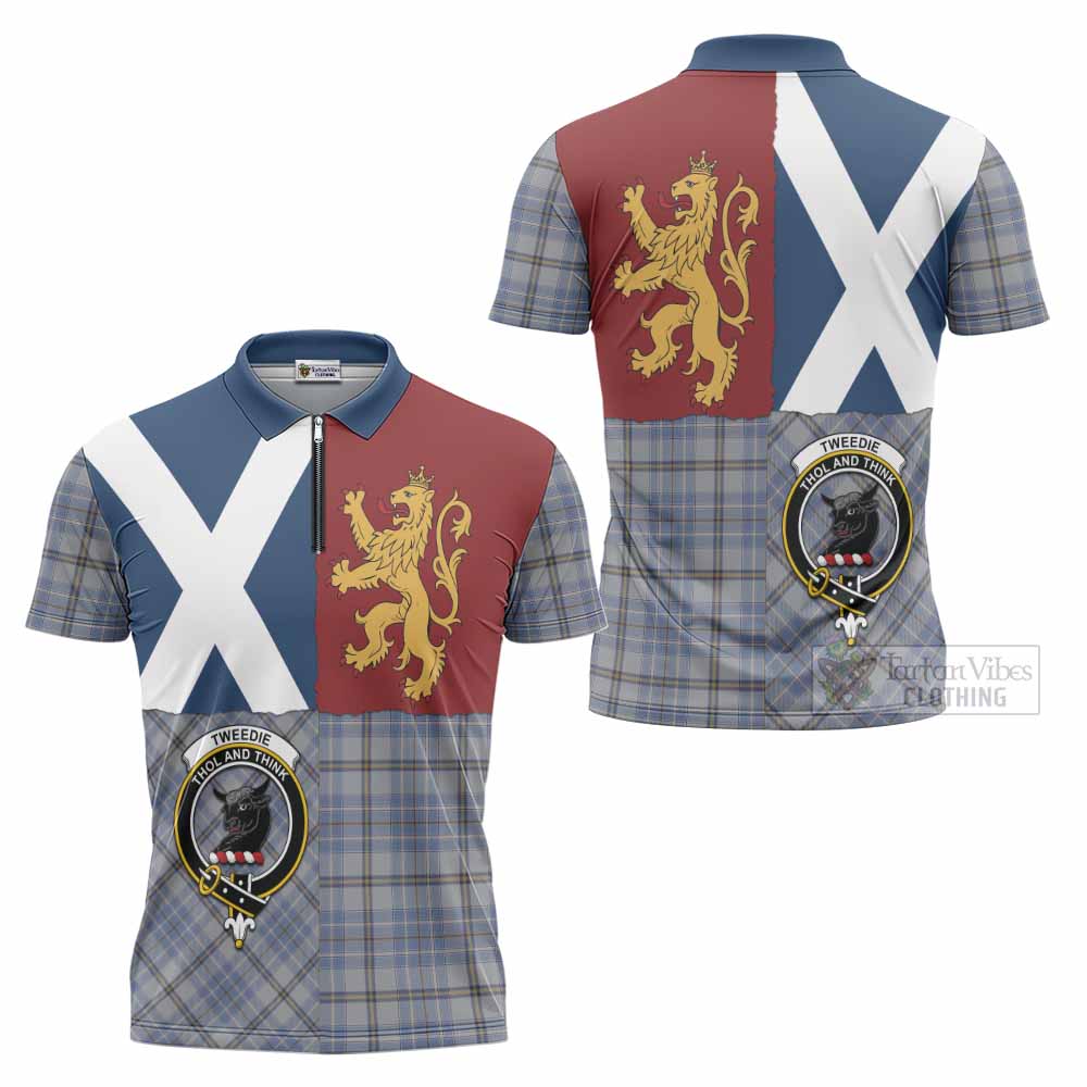 Tweedie Crest Tartan Zipper Polo Shirt with Lion Rampant Saltire Style