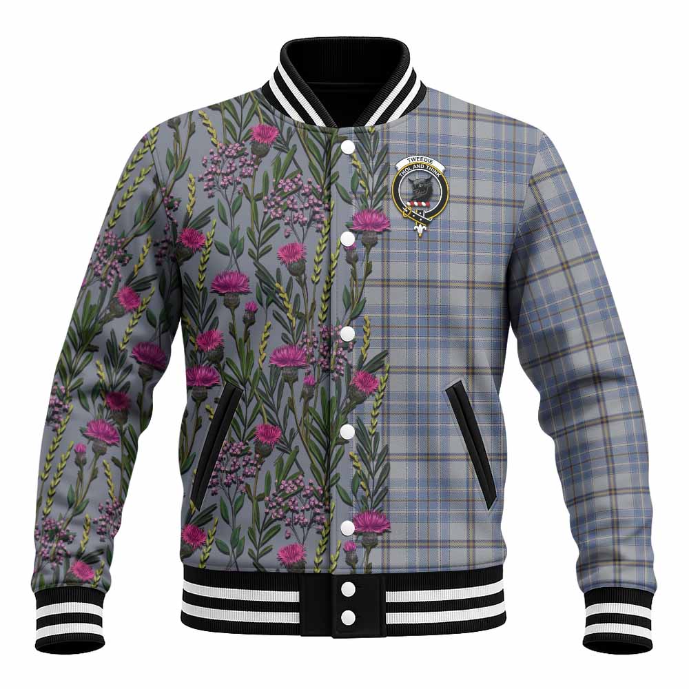 Tweedie Family Crest Tartan Baseball Jacket Scottish Thistle Flower Pattern Half Style - Tartan Vibes Clothing