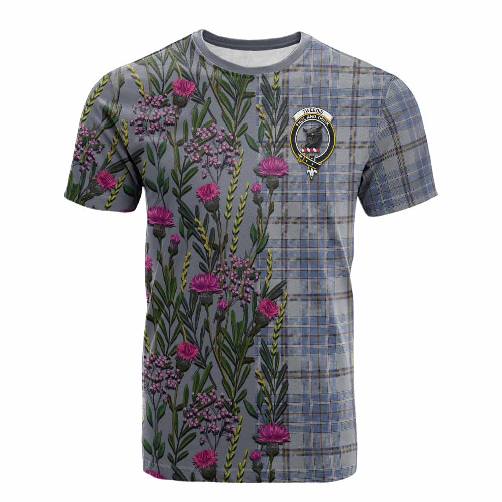 Tweedie Family Crest Tartan Cotton T-shirt Scottish Thistle Flower Pattern Half Style - Tartan Vibes Clothing