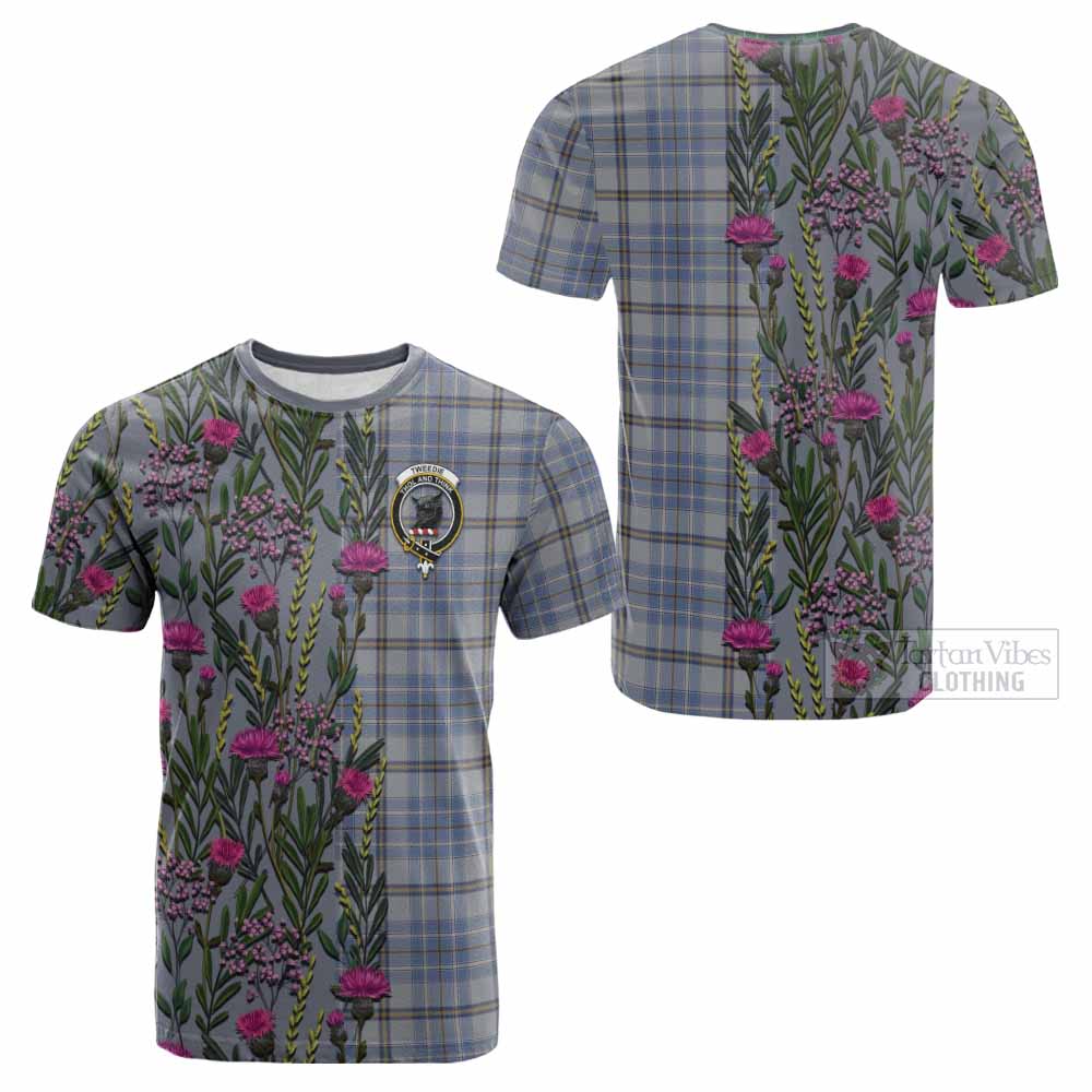 Tweedie Family Crest Tartan Cotton T-shirt Scottish Thistle Flower Pattern Half Style - Tartan Vibes Clothing