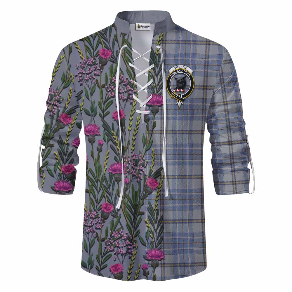Tweedie Family Crest Tartan Ghillie Shirt Scottish Thistle Flower Pattern Half Style - Tartan Vibes Clothing