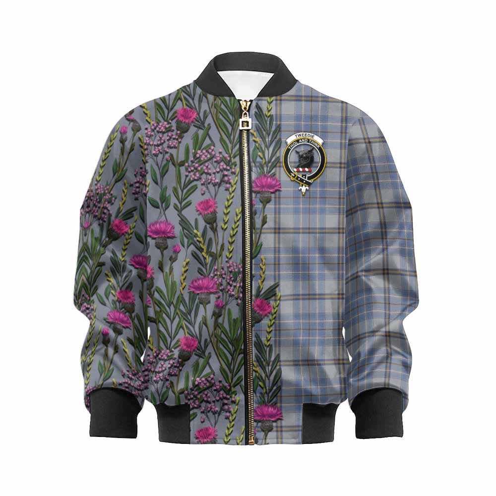 Tweedie Family Crest Tartan Kid Bomber Jacket Scottish Thistle Flower Pattern Half Style - Tartan Vibes Clothing