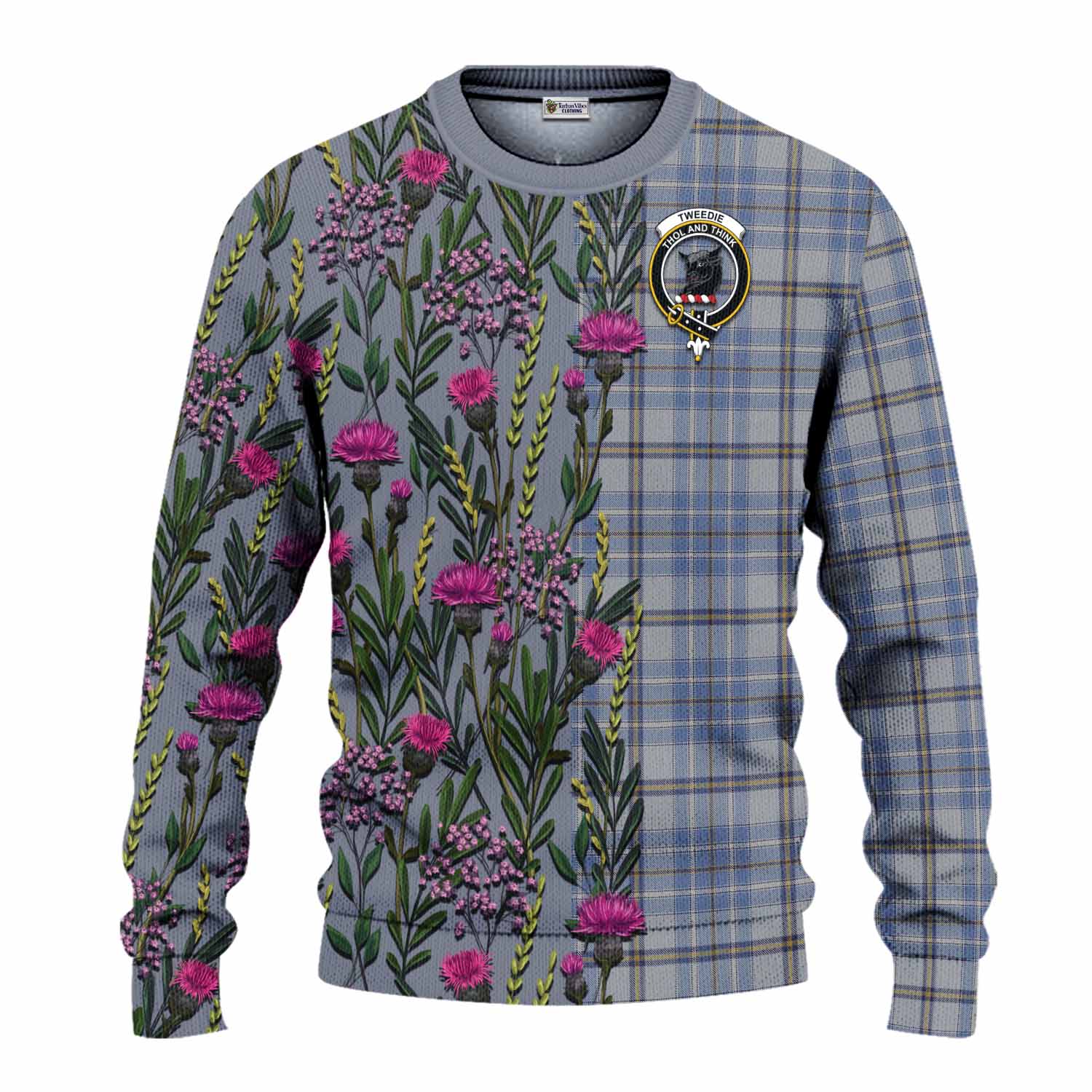 Tweedie Family Crest Tartan Knitted Sweater Scottish Thistle Flower Pattern Half Style - Tartan Vibes Clothing