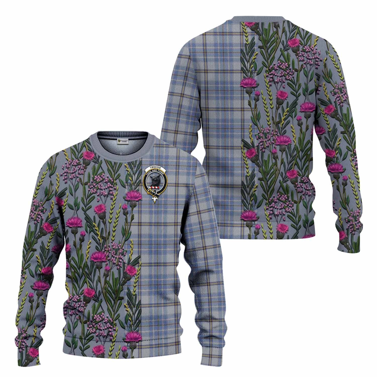 Tweedie Family Crest Tartan Knitted Sweater Scottish Thistle Flower Pattern Half Style - Tartan Vibes Clothing
