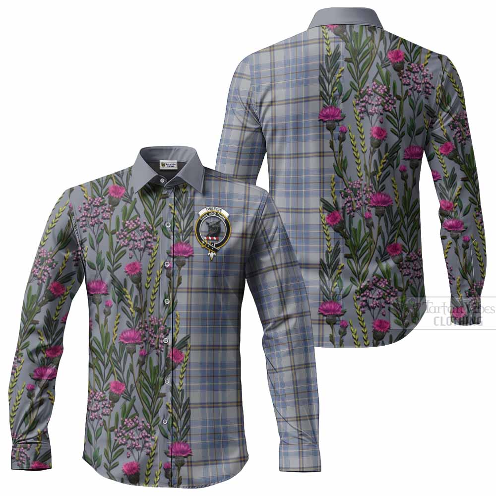 Tweedie Family Crest Tartan Long Sleeve Button Shirts Scottish Thistle Flower Pattern Half Style - Tartan Vibes Clothing