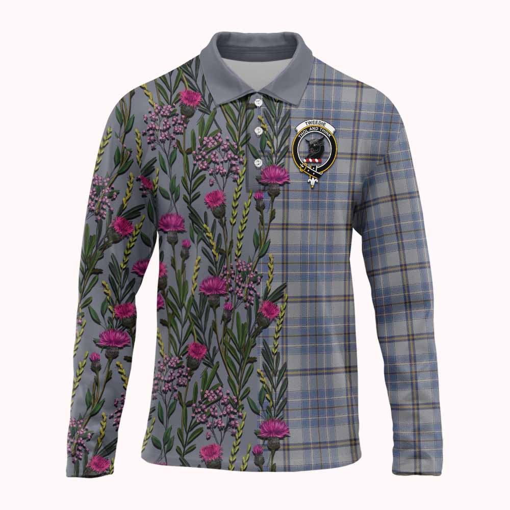 Tweedie Family Crest Tartan Long Sleeve Polo Shirt Scottish Thistle Flower Pattern Half Style - Tartan Vibes Clothing