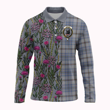 Tweedie Family Crest Tartan Long Sleeve Polo Shirt Scottish Thistle Flower Pattern Half Style