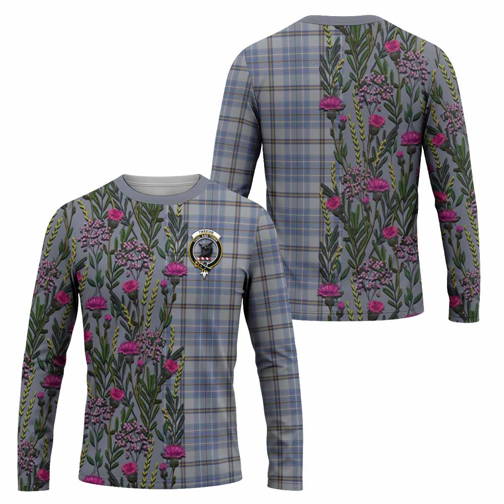 Tweedie Family Crest Tartan Long Sleeve T-Shirt Scottish Thistle Flower Pattern Half Style - Tartan Vibes Clothing