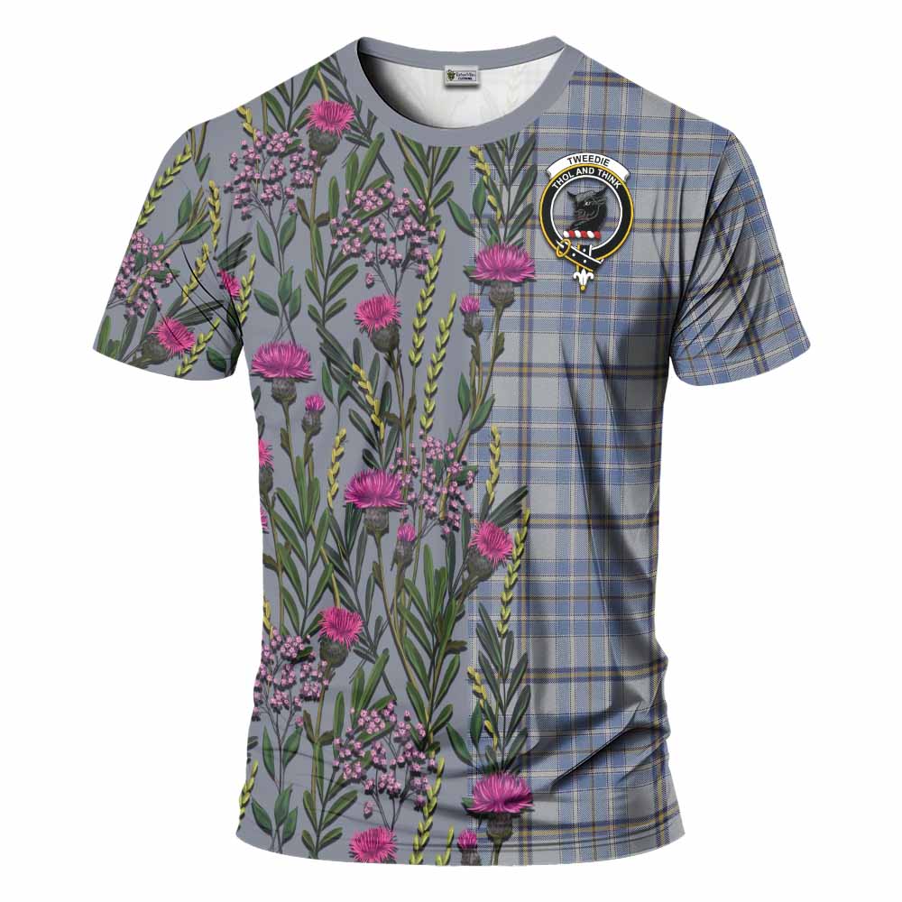 Tweedie Family Crest Tartan T-Shirt Scottish Thistle Flower Pattern Half Style - Tartan Vibes Clothing