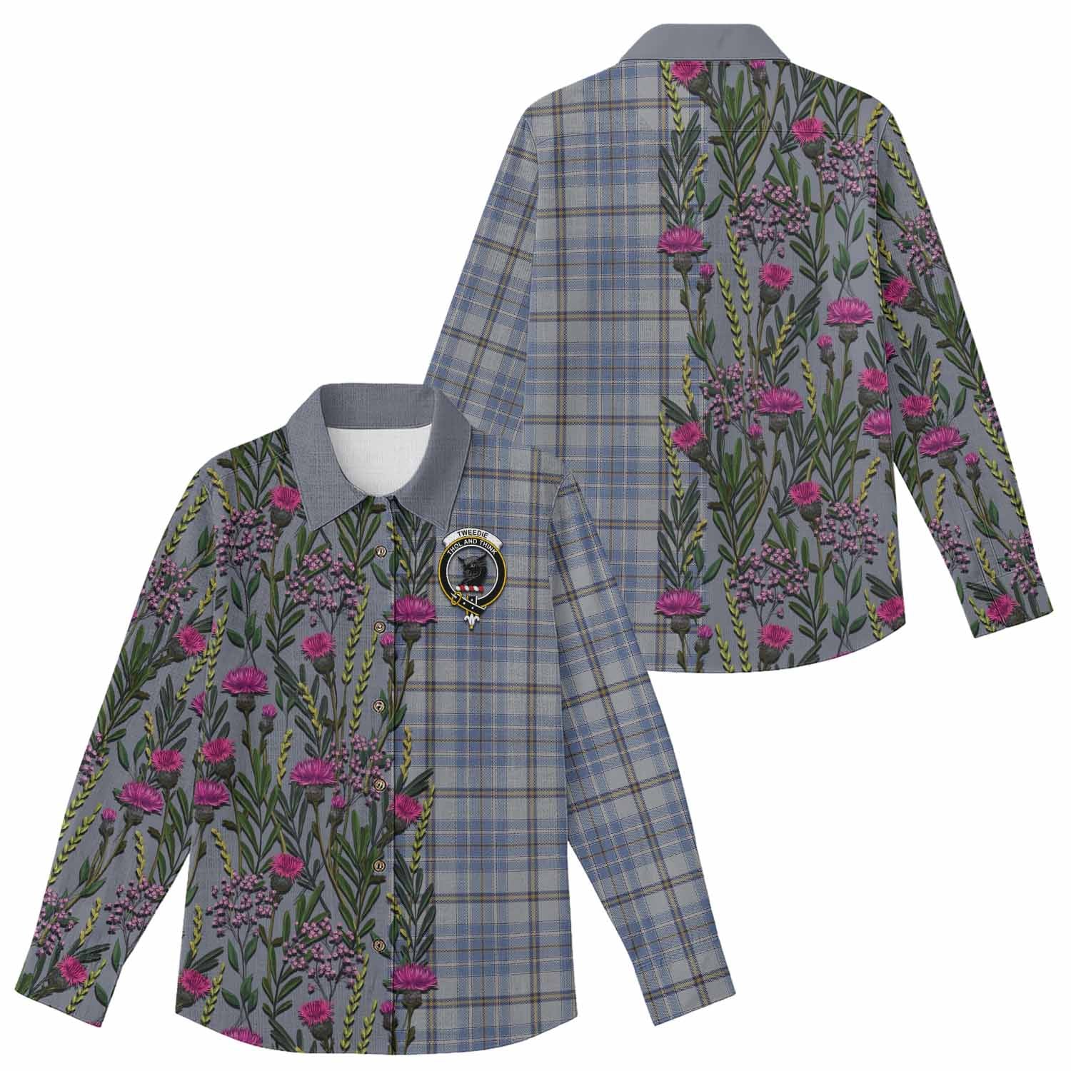 Tweedie Family Crest Tartan Women Casual Shirt Scottish Thistle Flower Pattern Half Style - Tartan Vibes Clothing