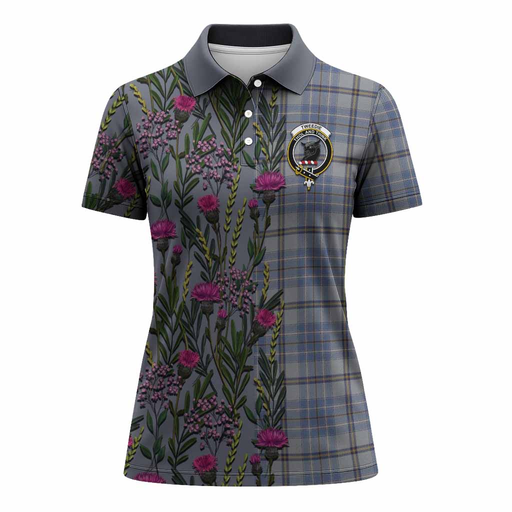 Tweedie Family Crest Tartan Women Polo Shirt Scottish Thistle Flower Pattern Half Style - Tartan Vibes Clothing