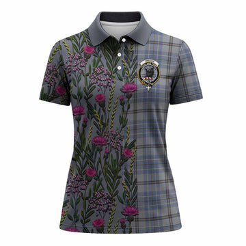 Tweedie Family Crest Tartan Women Polo Shirt Scottish Thistle Flower Pattern Half Style
