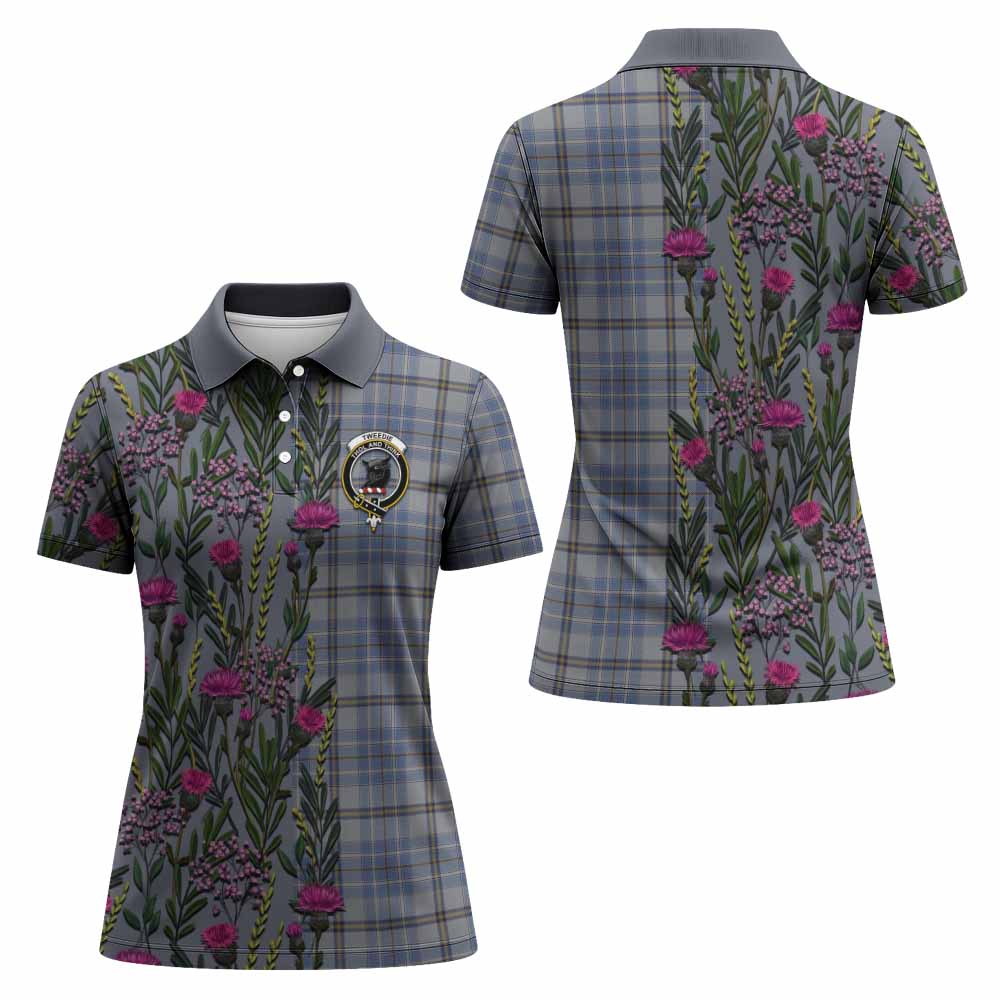Tweedie Family Crest Tartan Women Polo Shirt Scottish Thistle Flower Pattern Half Style - Tartan Vibes Clothing
