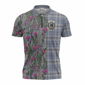 Tweedie Family Crest Tartan Zipper Polo Shirt Scottish Thistle Flower Pattern Half Style