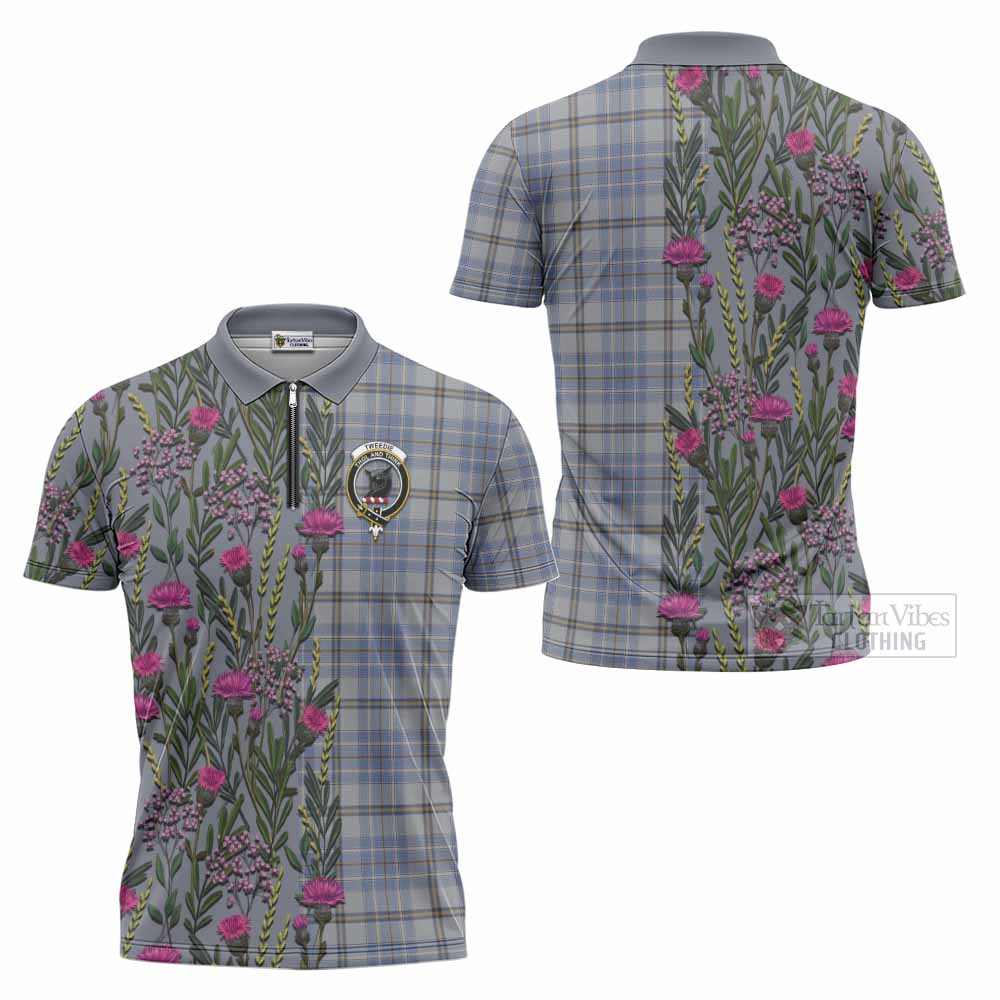 Tweedie Family Crest Tartan Zipper Polo Shirt Scottish Thistle Flower Pattern Half Style - Tartan Vibes Clothing