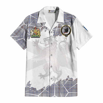 Tweedie Tartan Cotton Hawaiian Shirt with Family Crest and Lion Rampant Grunge Style