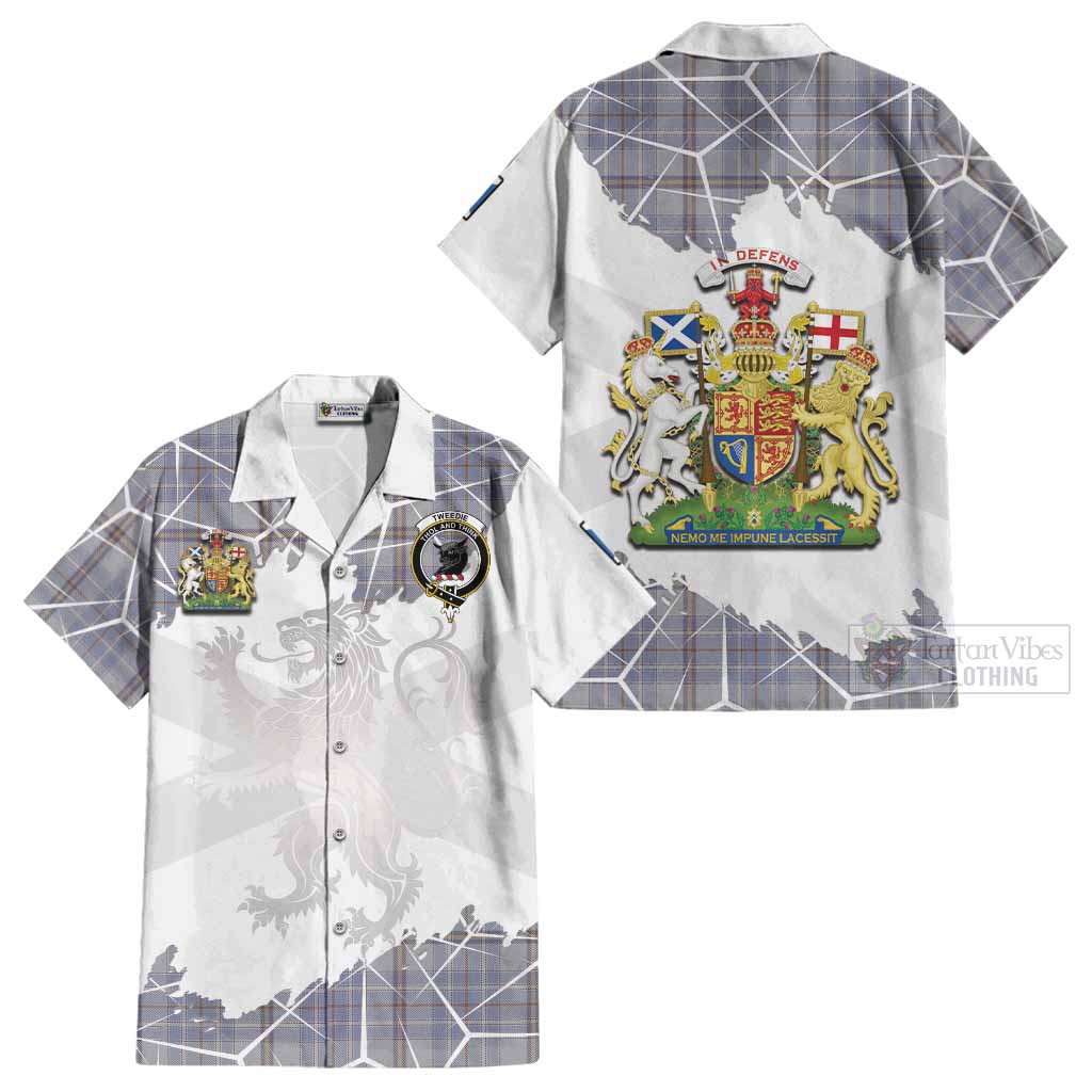 Tweedie Tartan Cotton Hawaiian Shirt with Family Crest and Lion Rampant Grunge Style