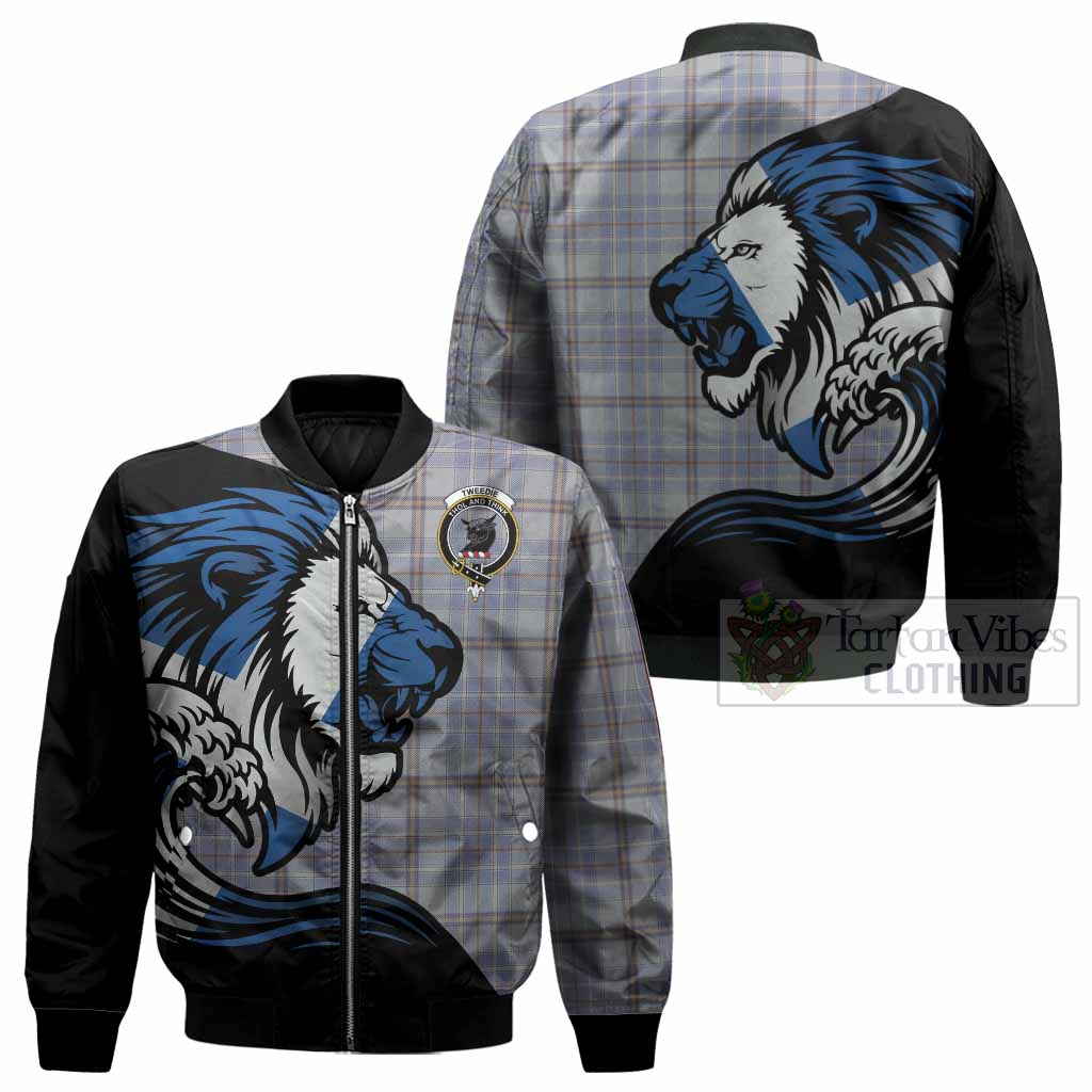 Tweedie Tartan Crest Bomber Jacket Scottish Golden Lions Wave Flow