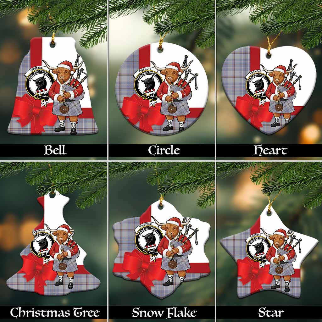Tweedie Tartan Crest Christmas Ceramic Ornament Highland Cow Bagpipes Coquette Bow Style