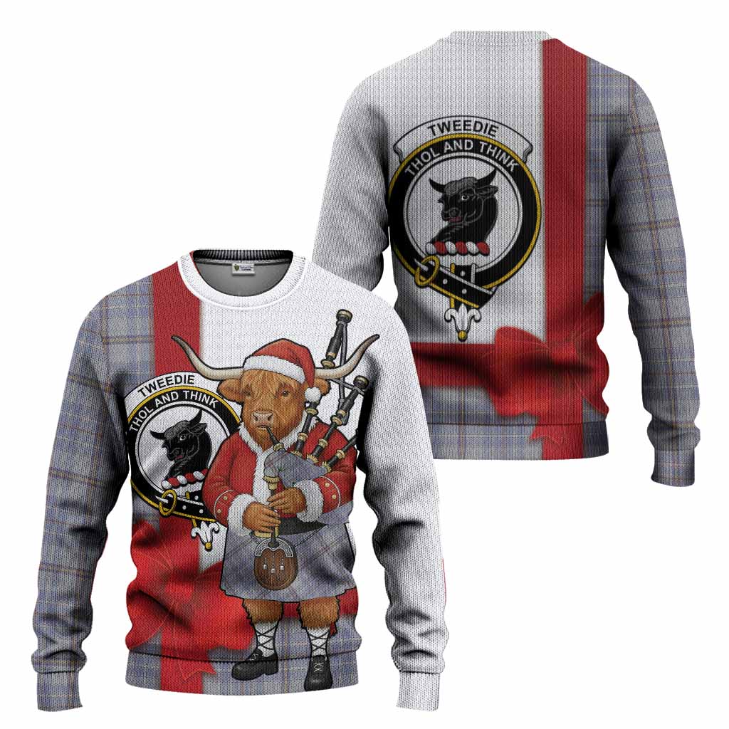Tweedie Tartan Crest Christmas Christmas Ugly Sweater Highland Cow Bagpipes Coquette Bow Style