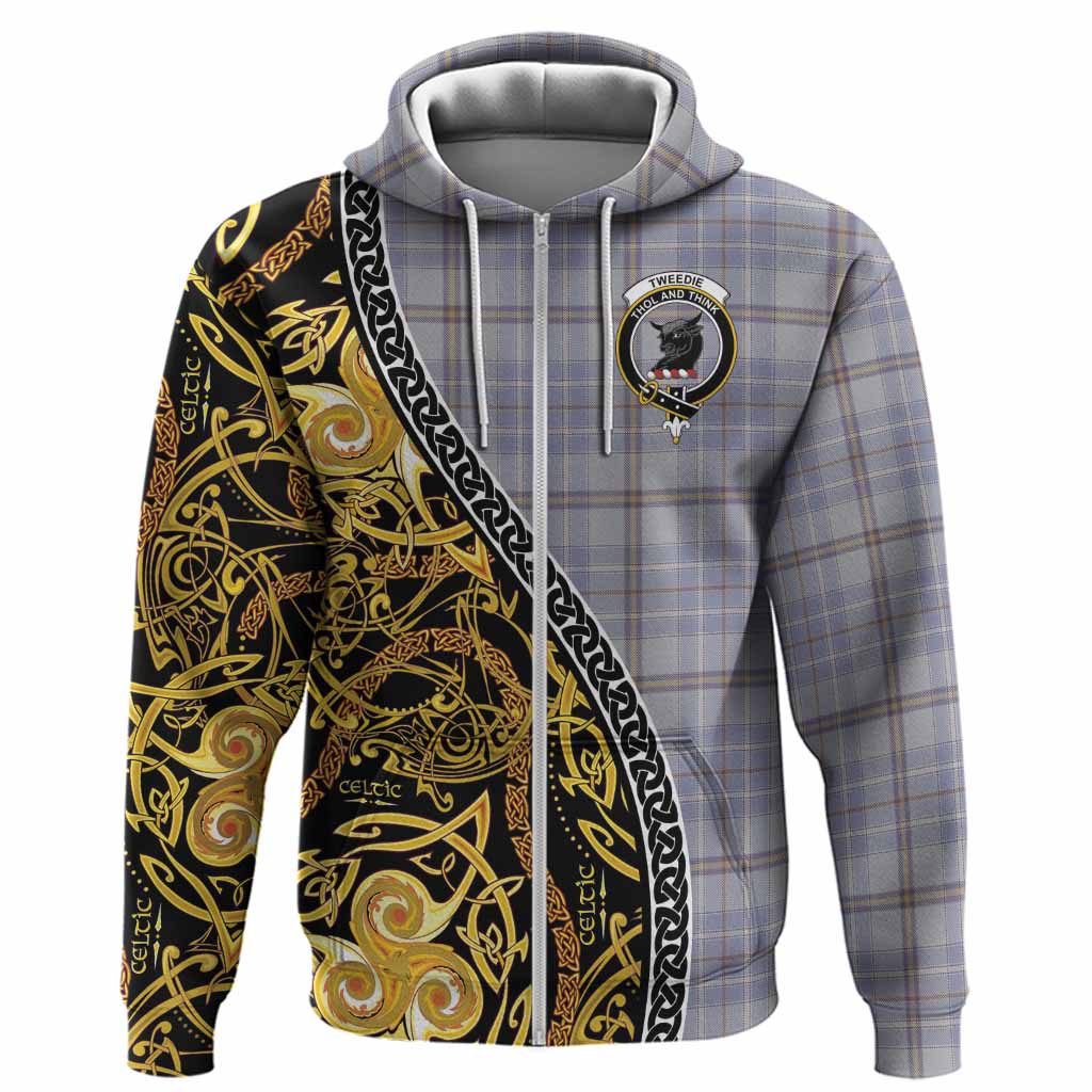 Tweedie Tartan Crest Hoodie Celtic Knot and Triple Trickle Spiral Symbols