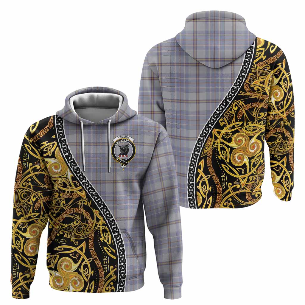 Tweedie Tartan Crest Hoodie Celtic Knot and Triple Trickle Spiral Symbols