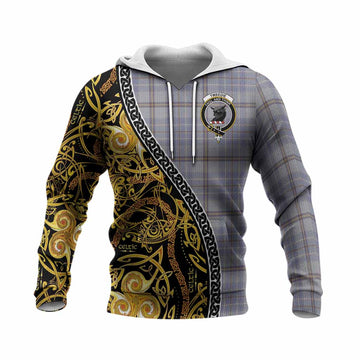 Tweedie Tartan Crest Knitted Hoodie Celtic Knot and Triple Trickle Spiral Symbols