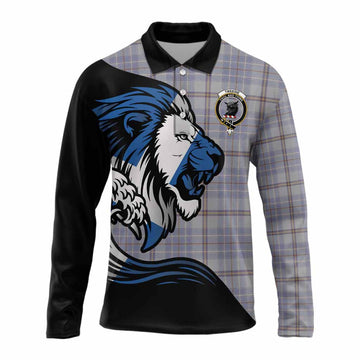 Tweedie Tartan Crest Long Sleeve Polo Shirt Scottish Golden Lions Wave Flow