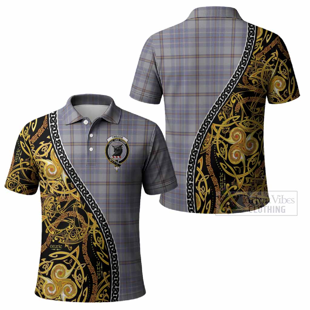 Tweedie Tartan Crest Polo Shirt Celtic Knot and Triple Trickle Spiral Symbols