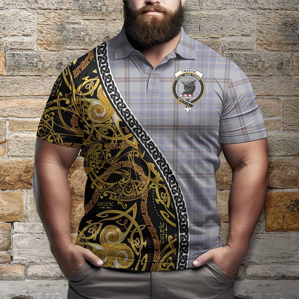 Tweedie Tartan Crest Polo Shirt Celtic Knot and Triple Trickle Spiral Symbols