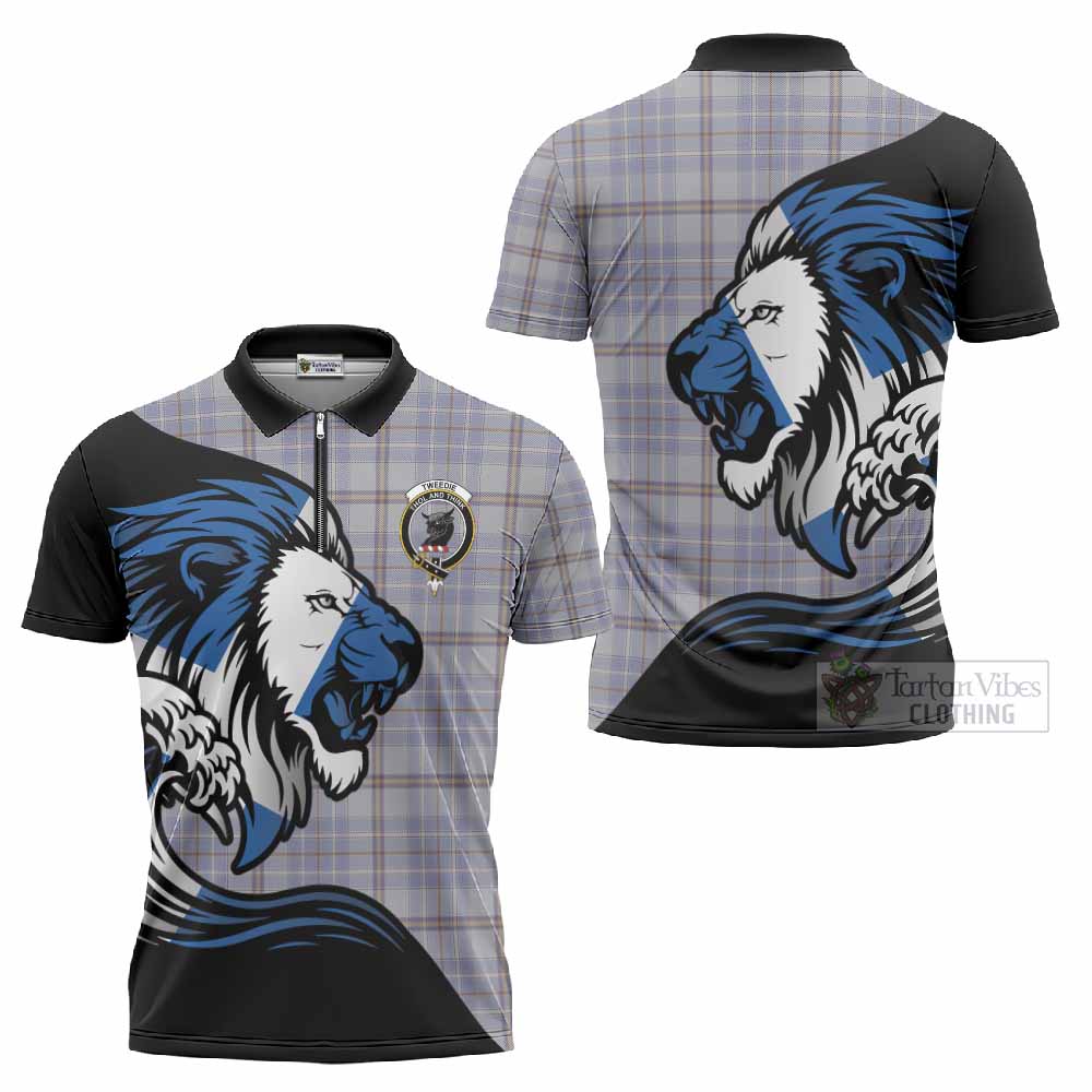 Tweedie Tartan Crest Zipper Polo Shirt Scottish Golden Lions Wave Flow