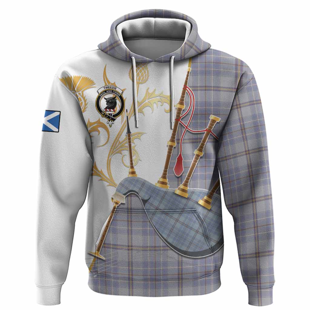 Tweedie Tartan Family Crest Hoodie Bagpipes with Scottish Thistle