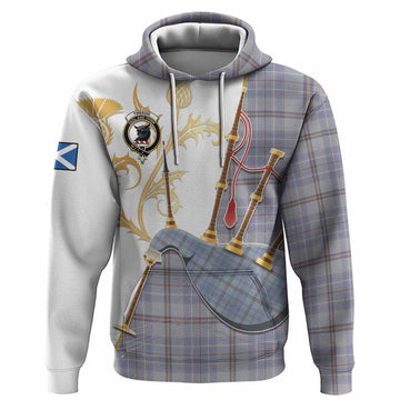 Tweedie Tartan Family Crest Hoodie Bagpipes with Scottish Thistle