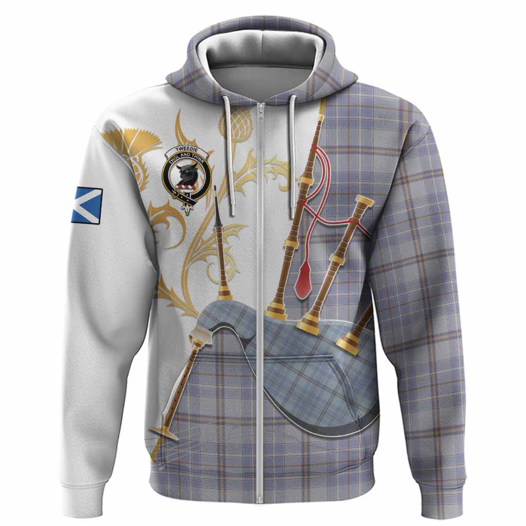 Tweedie Tartan Family Crest Hoodie Bagpipes with Scottish Thistle