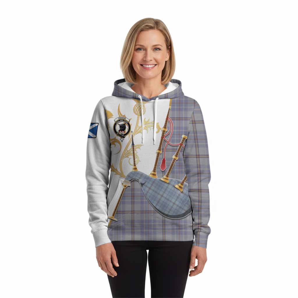 Tweedie Tartan Family Crest Hoodie Bagpipes with Scottish Thistle