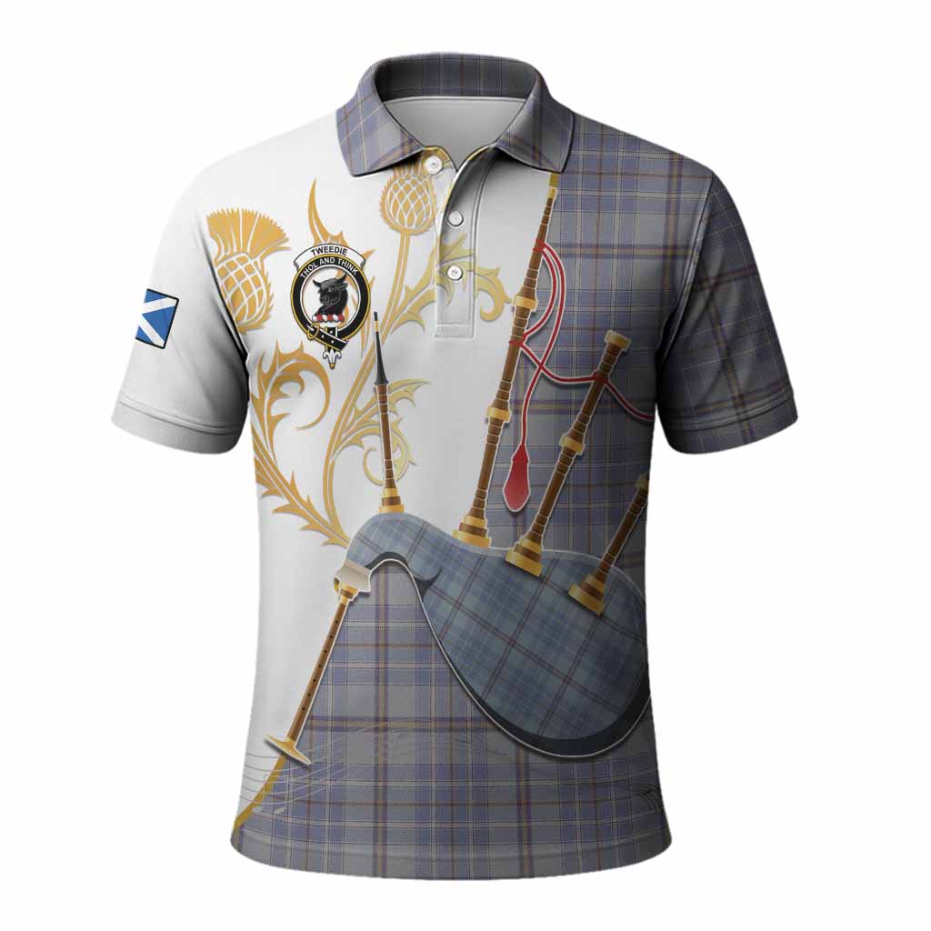 Tweedie Tartan Family Crest Polo Shirt Bagpipes with Scottish Thistle