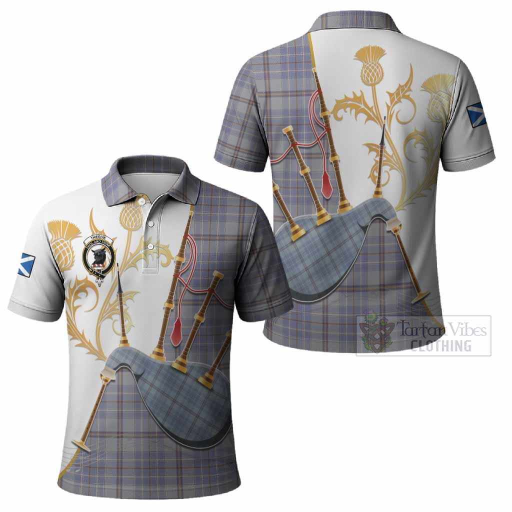 Tweedie Tartan Family Crest Polo Shirt Bagpipes with Scottish Thistle