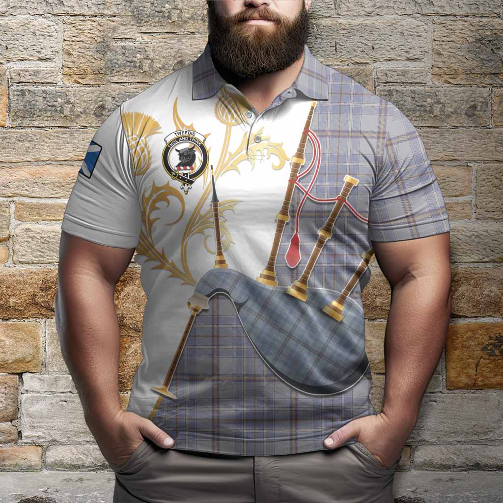 Tweedie Tartan Family Crest Polo Shirt Bagpipes with Scottish Thistle