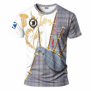 Tweedie Tartan Family Crest T-Shirt Bagpipes with Scottish Thistle