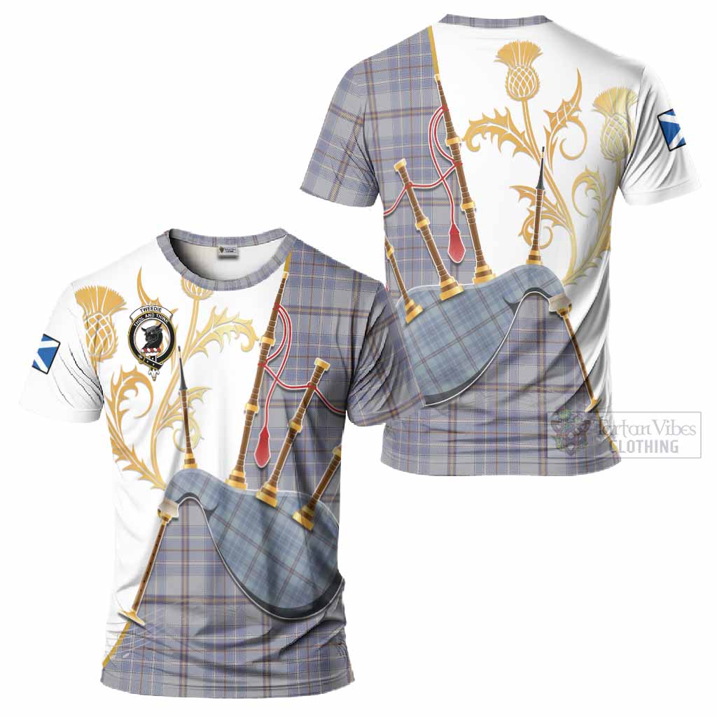 Tweedie Tartan Family Crest T-Shirt Bagpipes with Scottish Thistle