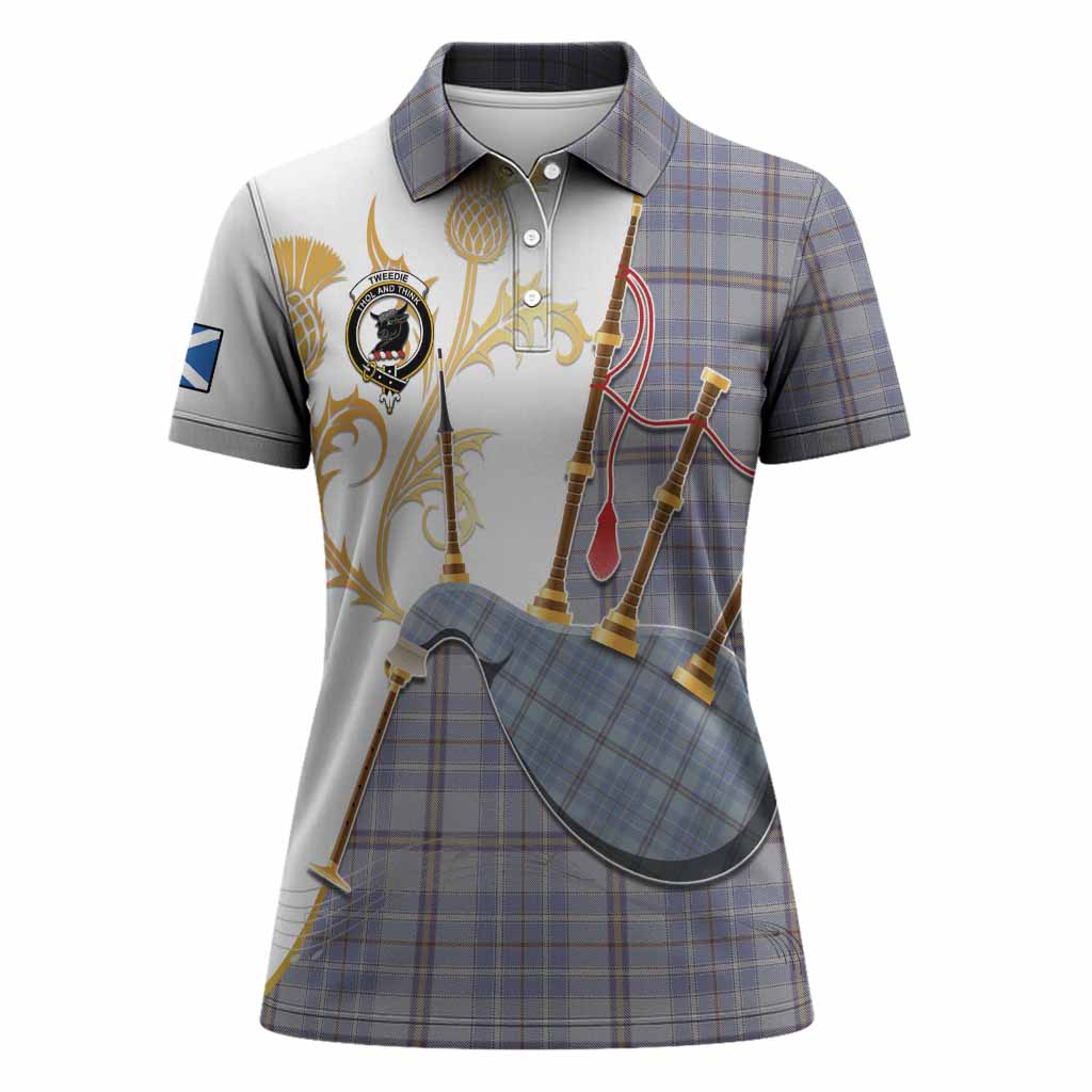 Tweedie Tartan Family Crest Women Polo Shirt Bagpipes with Scottish Thistle