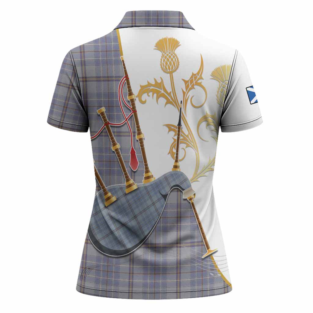 Tweedie Tartan Family Crest Women Polo Shirt Bagpipes with Scottish Thistle
