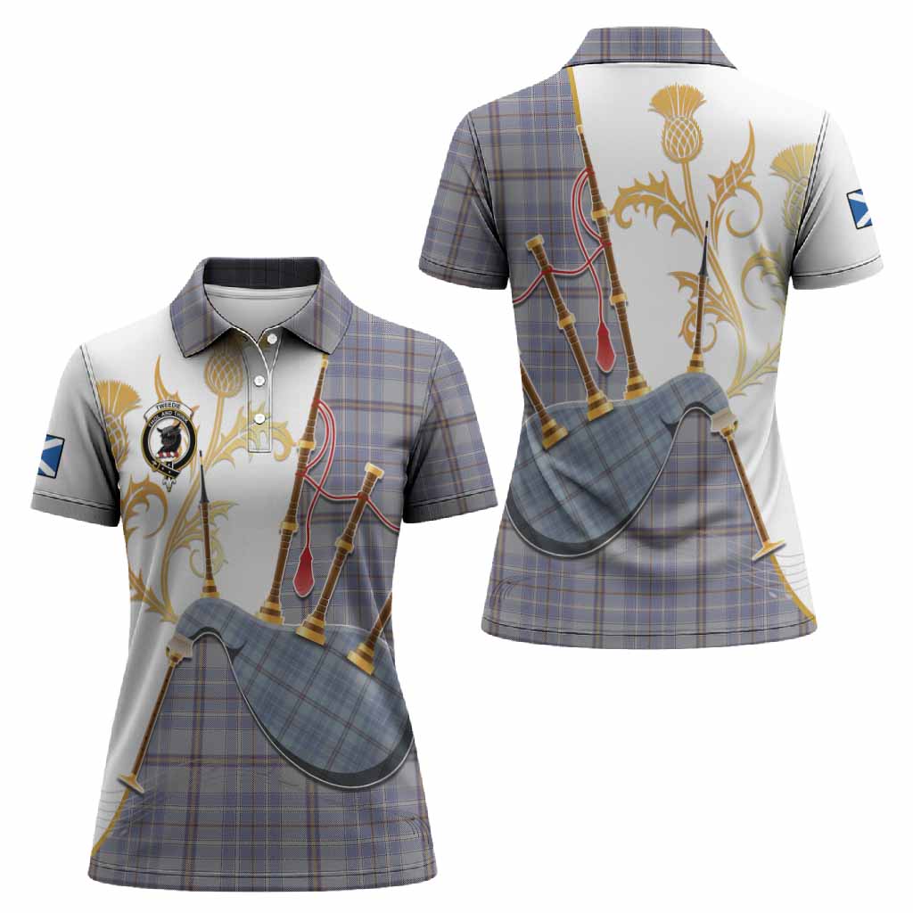 Tweedie Tartan Family Crest Women Polo Shirt Bagpipes with Scottish Thistle