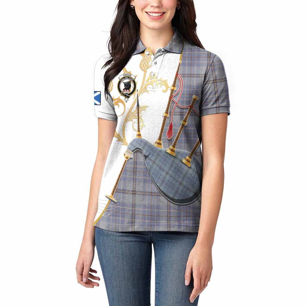 Tweedie Tartan Family Crest Women Polo Shirt Bagpipes with Scottish Thistle