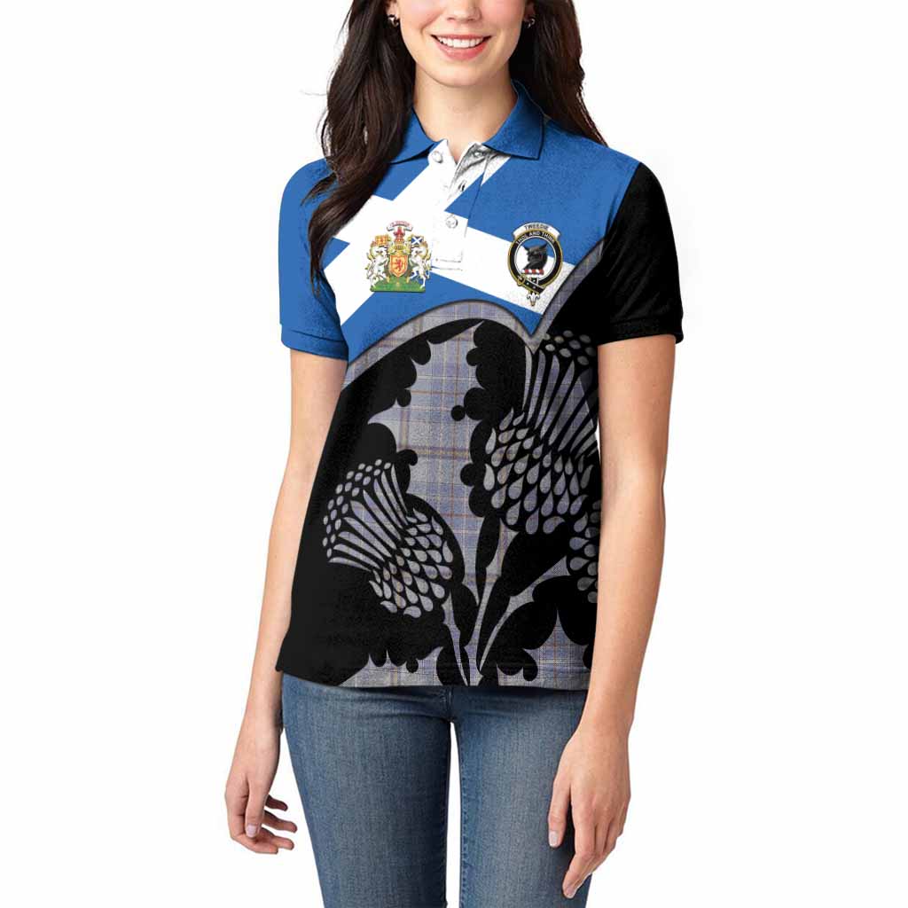 Tweedie Tartan Family Crest Women Polo Shirt Scotland Thistle Floral Flag Style