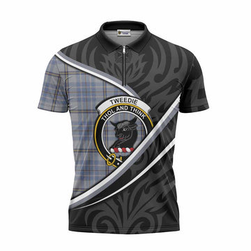 Tweedie Tartan Family Crest Zipper Polo Shirt Celtic Scottish Thistle Floral